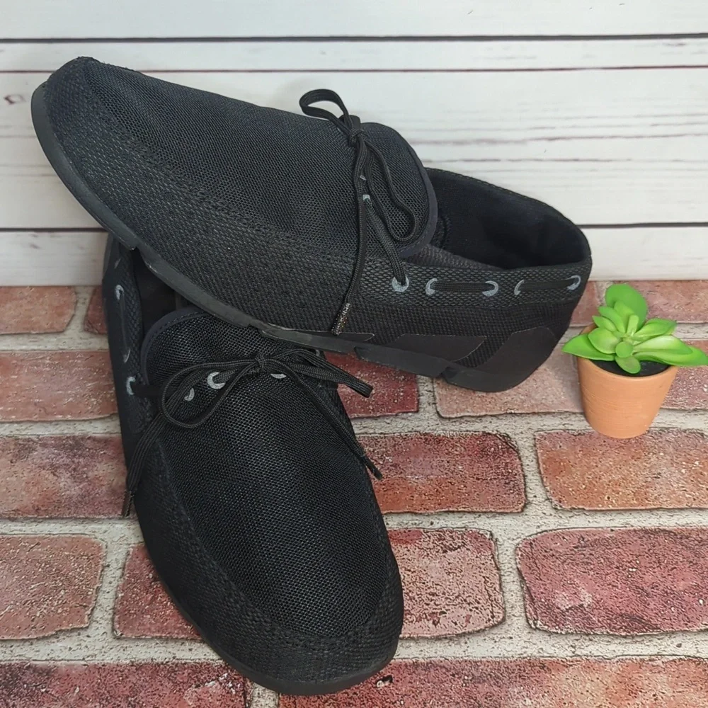 Swims Black Mesh Lace-Trim Slip-On Loafers